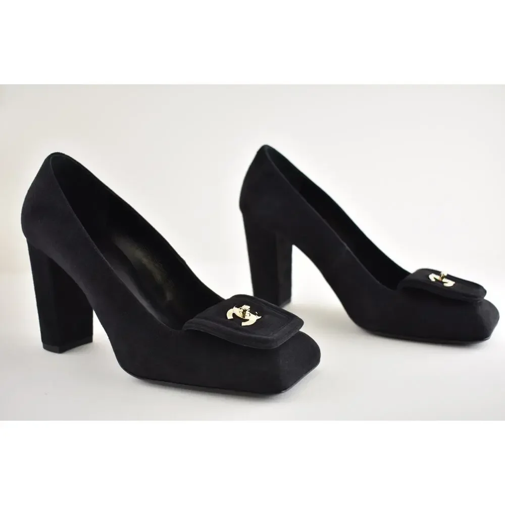 Chanel 26S Blazy Black Suede Square Toe Turnlock Gold CC Logo Block Heel Pump 38